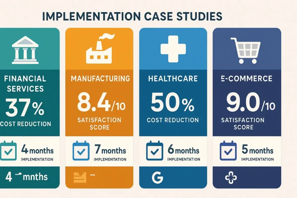 Four vertical blocks showing Oracle implementation results across industries: Financial Services (37% cost reduction), Manufacturing (8.4/10 satisfaction), Healthcare (50% cost reduction), and E-commerce (9.0/10 satisfaction), with respective implementation durations.

