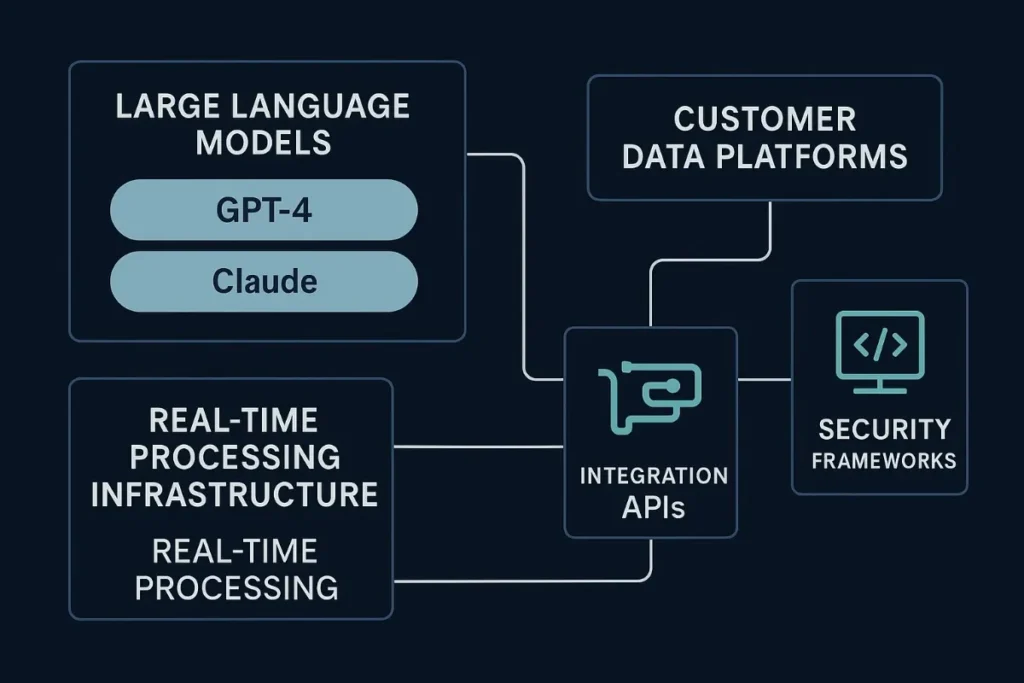 Technical architecture diagram of an AI engagement stack: Large Language Models (GPT-4, Claude), Customer Data Platforms, Real-Time Processing Infrastructure, Integration APIs, and Security Frameworks connected through data flow lines.
