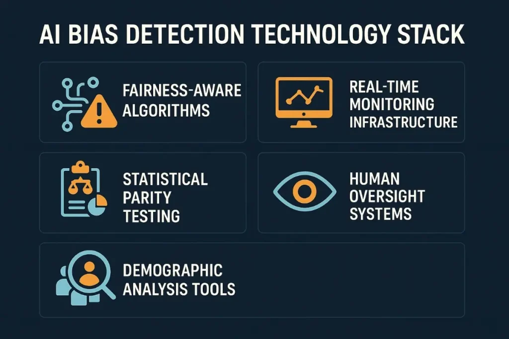 A stacked layout presenting key components of AI bias detection: Fairness-Aware Algorithms, Real-Time Monitoring Infrastructure, Statistical Parity Testing, Human Oversight Systems, and Demographic Analysis Tools, each with an icon.




