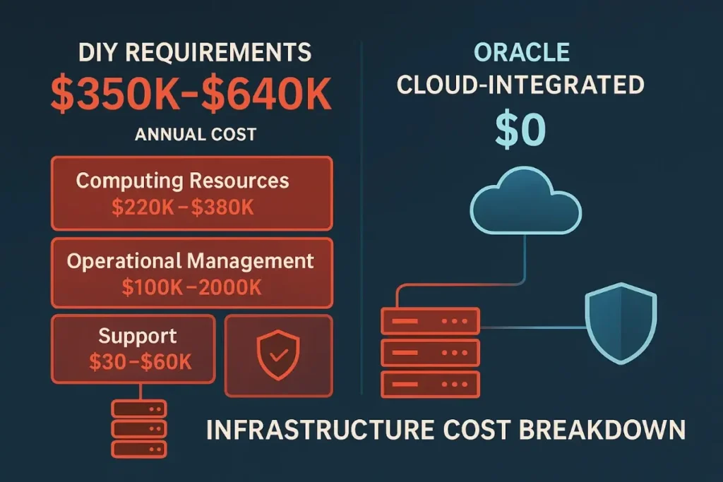  Left – Red boxes show DIY infrastructure costs ranging from $350K–$640K annually, broken down into computing, ops management, and support.
 Right – Oracle side shows $0 infrastructure cost due to cloud integration and built-in security.
