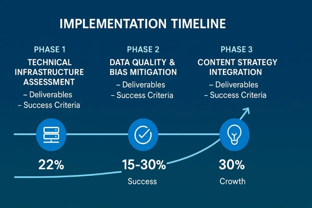Implementation timeline visualization in three phases: Technical Infrastructure Assessment, Data Quality & Bias Mitigation, and Content Strategy Integration. Each phase includes success metrics and deliverables, with matching icons like servers, checkmarks, and lightbulbs.
