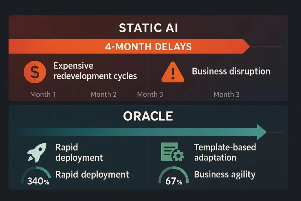  Dual-track timeline comparing Static AI and Oracle. Static AI track shows 4-month delays with icons for expensive redevelopment and business disruption. Oracle track shows rapid deployment, template-based adaptation, and business agility (340% and 67% indicators).
