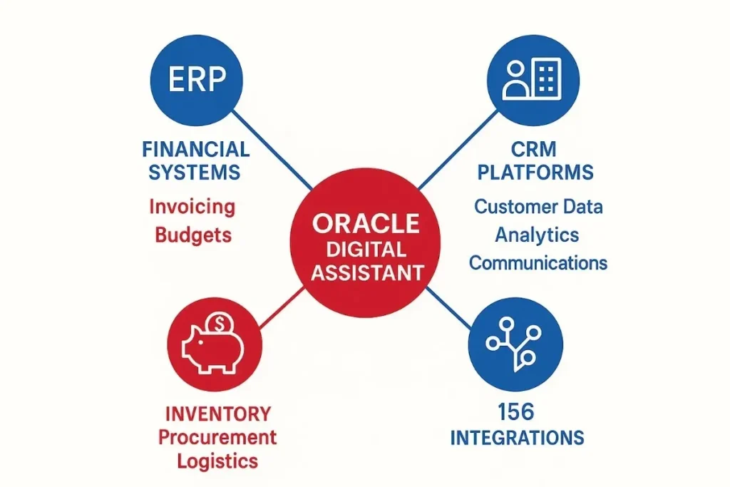  Diagram titled "Oracle Digital Assistant" at the center, showing connectivity to four business areas: ERP (Financial Systems: Invoicing, Budgets), CRM Platforms (Customer Data, Analytics, Communications), Inventory (Procurement, Logistics), and 156 Integrations. Icons and text are clean and clearly labeled in red and blue.
