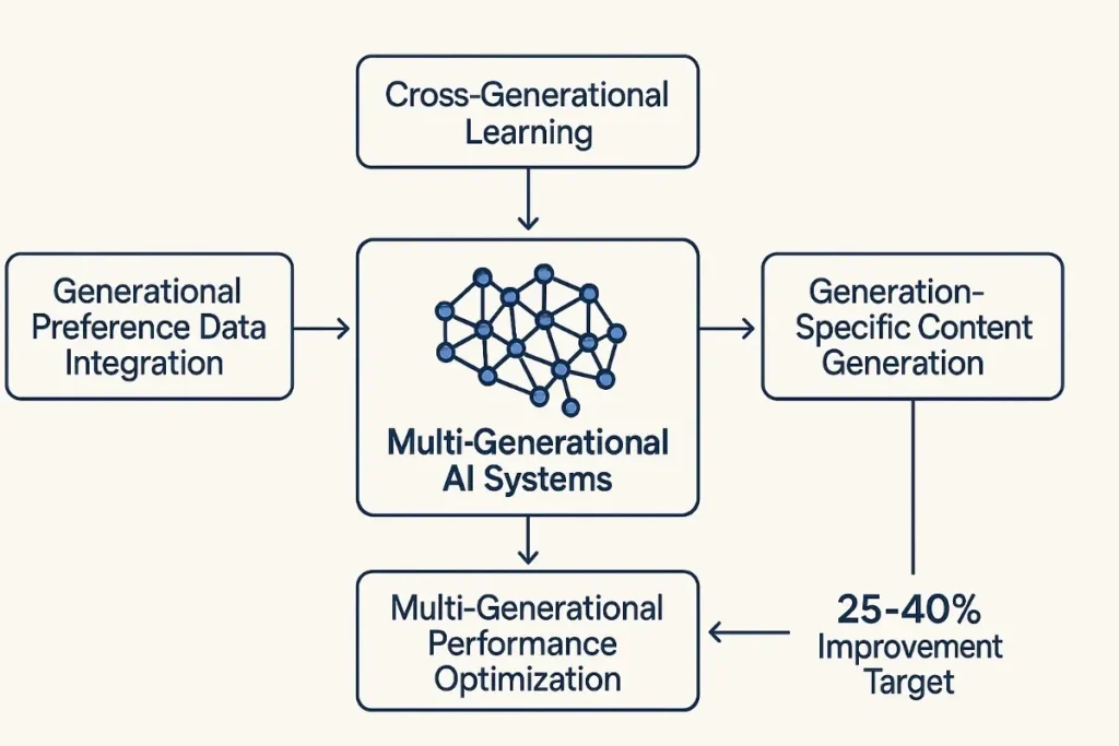  A digital flowchart titled “Multi-Generational AI Systems” illustrates a technical architecture with a central neural network graphic labeled "Multi-Generational AI Systems." It is surrounded by four connected components:
Generational Preference Data Integration (left)


Cross-Generational Learning (top)


Generation-Specific Content Generation (right)


Multi-Generational Performance Optimization (bottom)


Directional arrows indicate the flow of data between components. A label near the bottom right states “25–40% Improvement Target.” The design features a clean, professional layout with dark blue outlines and icons on a light background, representing generational adaptability and data flow.
