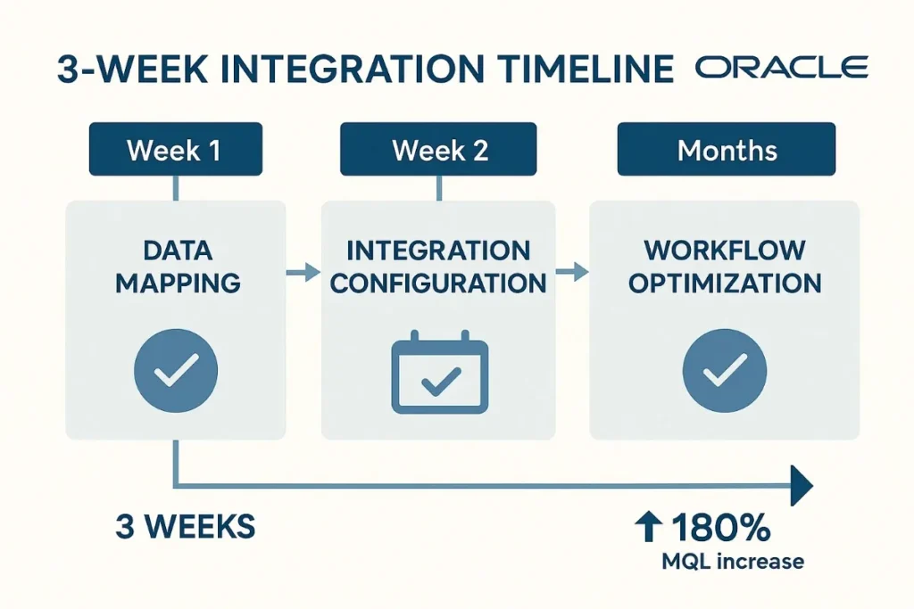 "Flowchart infographic titled '3-WEEK INTEGRATION TIMELINE' with Oracle branding. The chart displays three weekly milestones: Week 1 - Data Mapping, Week 2 - Integration Configuration, and Week 3 - Workflow Optimization. Each phase is shown in a blue box with arrows indicating progression and checkmark icons signifying task completion. A horizontal arrow at the bottom spans 3 weeks, ending with a '+180% MQL increase' indicator."
