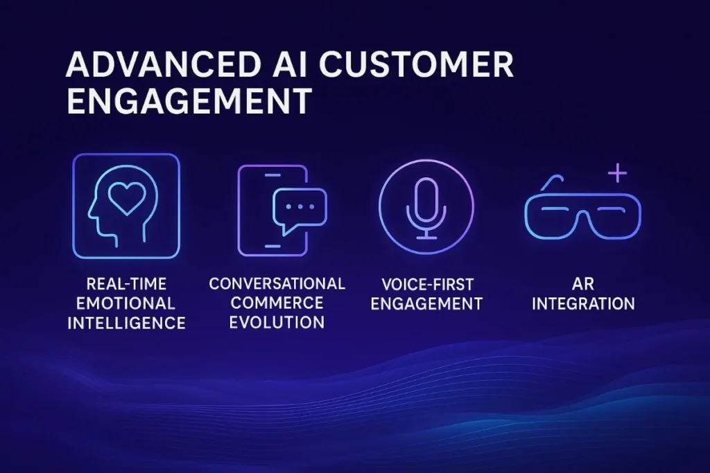  A neon-style graphic showing advanced AI customer engagement techniques: Real-Time Emotional Intelligence, Conversational Commerce Evolution, Voice-First Engagement, and AR Integration with corresponding futuristic icons.