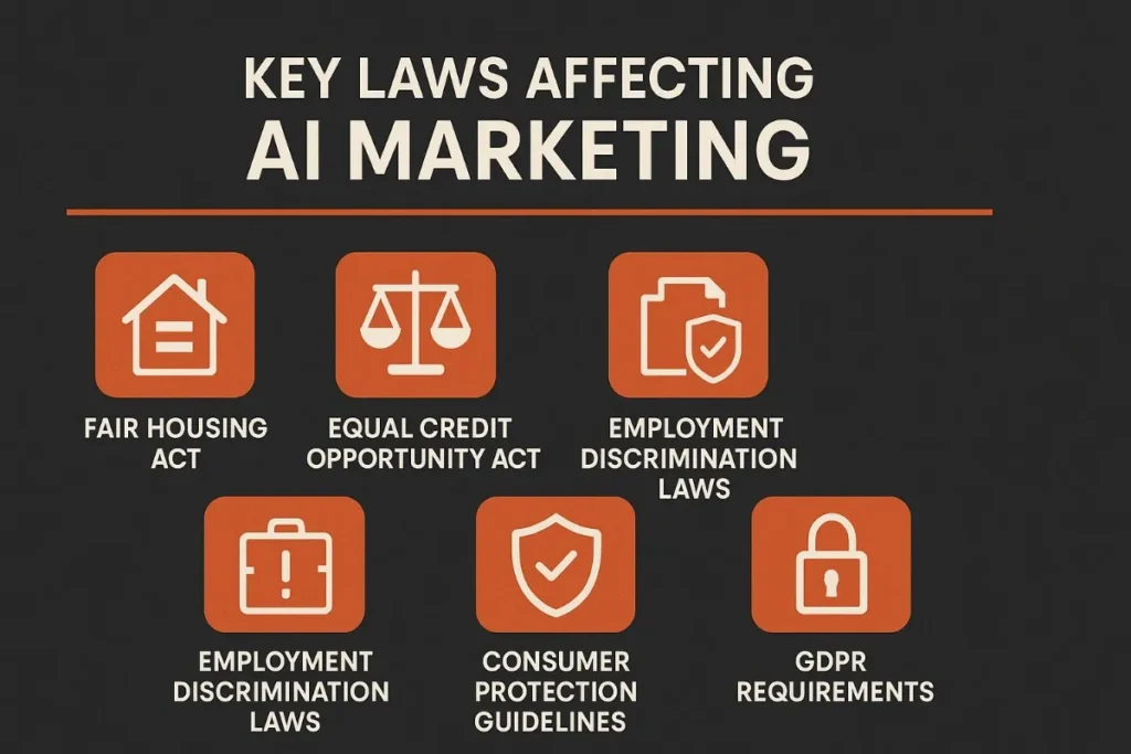 A regulatory infographic showing six key legal frameworks influencing AI marketing: Fair Housing Act, Equal Credit Opportunity Act, Employment Discrimination Laws (listed twice), Consumer Protection Guidelines, and GDPR Requirements, with red shield and lock icons.
