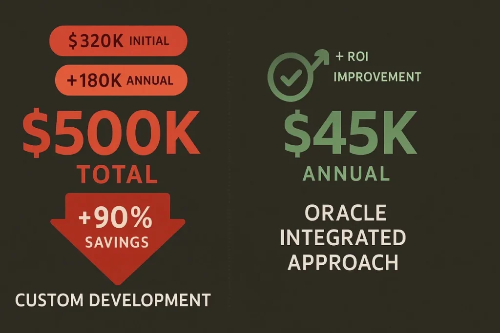  Financial cost comparison between custom development and Oracle’s integrated approach. Red side shows $500K total (with $320K initial and $180K annual) and 90% savings arrow. Green side shows Oracle’s $45K annual with ROI improvement icon.
