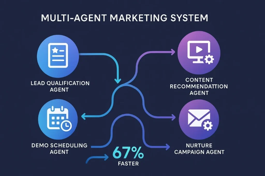 A circular node workflow showing a multi-agent marketing system: Lead Qualification Agent, Content Recommendation Agent, Demo Scheduling Agent, and Nurture Campaign Agent. Connected arrows show data flow in a blue-purple tech theme.
