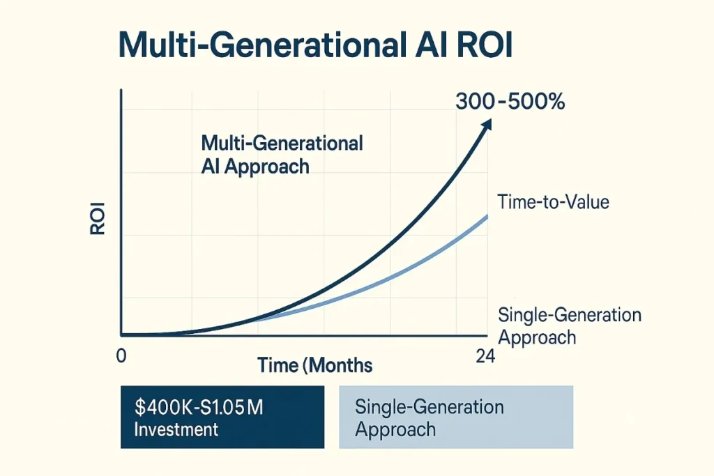   A 2D digital financial graph titled "Multi-Generational AI ROI" compares return on investment (ROI) over 24 months between two approaches: a Multi-Generational AI Approach and a Single-Generation Approach. The y-axis represents ROI, and the x-axis represents time in months from 0 to 24.
The Multi-Generational AI Approach is illustrated with a steep, dark blue curve reaching 300–500% ROI by month 24, indicating a faster and higher return.


The Single-Generation Approach follows a slower, lighter blue upward curve.


A bold label on the right highlights the “Time-to-Value” point at 24 months.


Below the graph, a legend shows investment ranges: $400K–$1.05M, with separate color bars indicating each approach.


The layout uses a professional business design with navy blue and light gray tones on a clean, light background.
