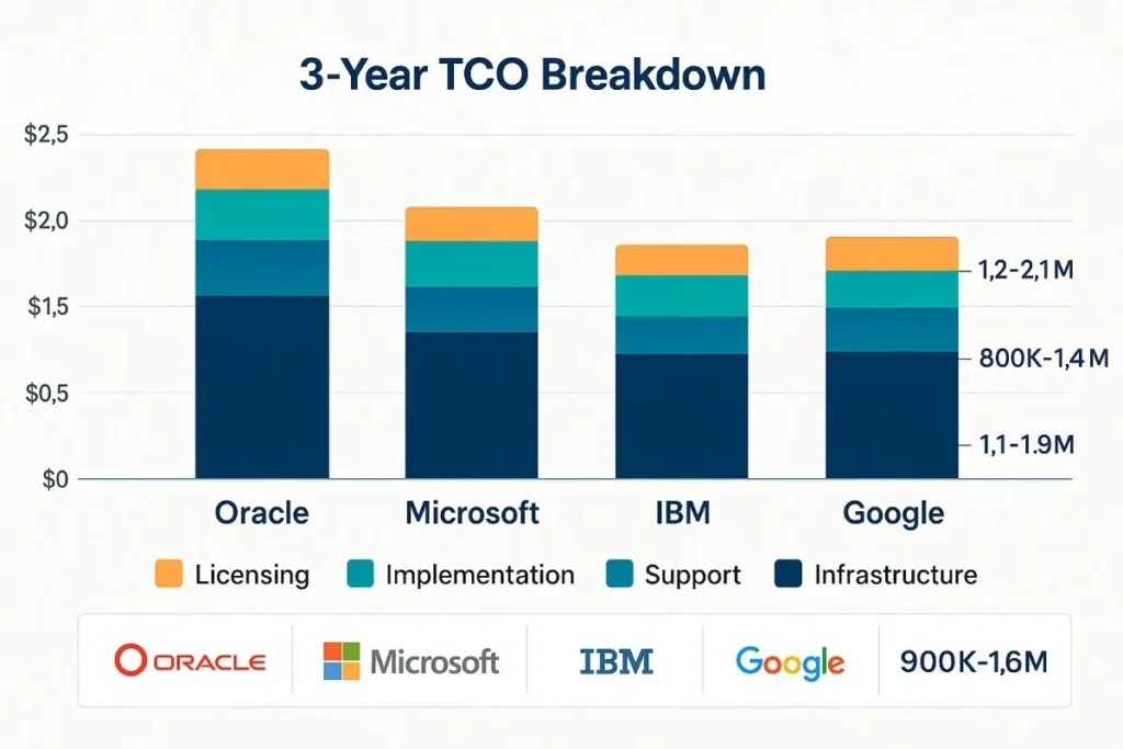 A stacked bar chart comparing 3-year Total Cost of Ownership for Oracle, Microsoft, IBM, and Google, broken into licensing, implementation, support, and infrastructure costs. Oracle has the highest, Google the lowest.
