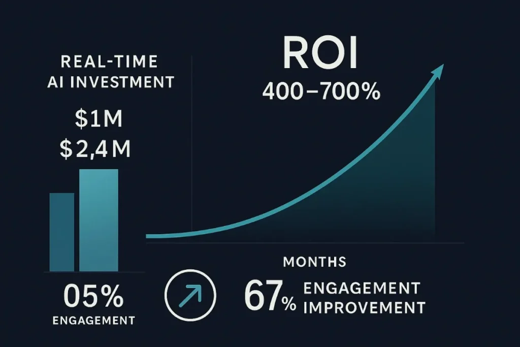 Dark-themed chart showing ROI growth from real-time AI investment. Investment levels range from $1M to $2.4M, starting with 5% engagement and scaling up to 67% engagement improvement. ROI shown as a curve growing from 400% to 700% over time.