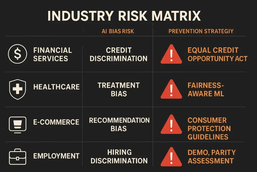  A matrix comparing four industries—Financial Services, Healthcare, E-commerce, and Employment—each with a specific AI bias risk and corresponding prevention strategy like Equal Credit Opportunity Act and Fairness-Aware ML. Includes sector icons and alert symbols.


