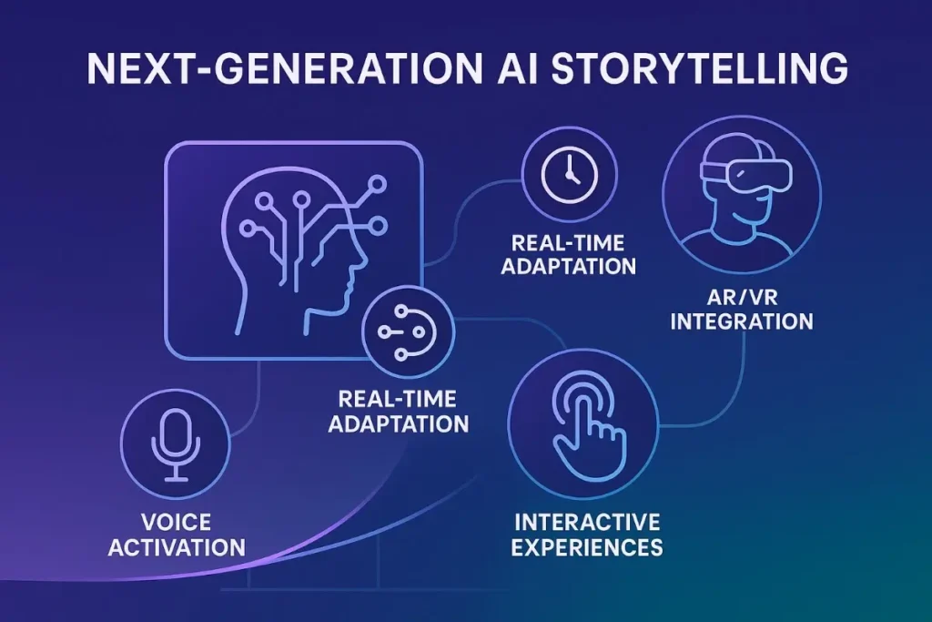  Futuristic visualization titled "Next-Generation AI Storytelling" featuring icons for real-time adaptation, AR/VR integration, voice activation, and interactive experiences. Central image shows a digital head with circuits, connecting to multiple storytelling capabilities.
