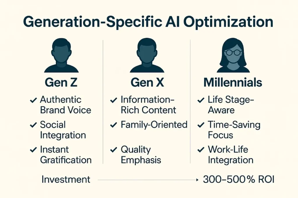   A 2D digital infographic titled "Generation-Specific AI Optimization" presents three columns for Gen Z, Gen X, and Millennials, each with a dark navy demographic icon and a tailored list of AI strategies:
Gen Z: Authentic Brand Voice, Social Integration, Instant Gratification


Gen X: Information-Rich Content, Family-Oriented, Quality Emphasis


Millennials: Life Stage-Aware, Time-Saving Focus, Work-Life Integration


A small caption at the bottom reads "Investment ➝ 300–500% ROI," suggesting strategic outcomes. The design features a light beige background with professional typography, checkmark icons, and a minimalist marketing presentation style.
