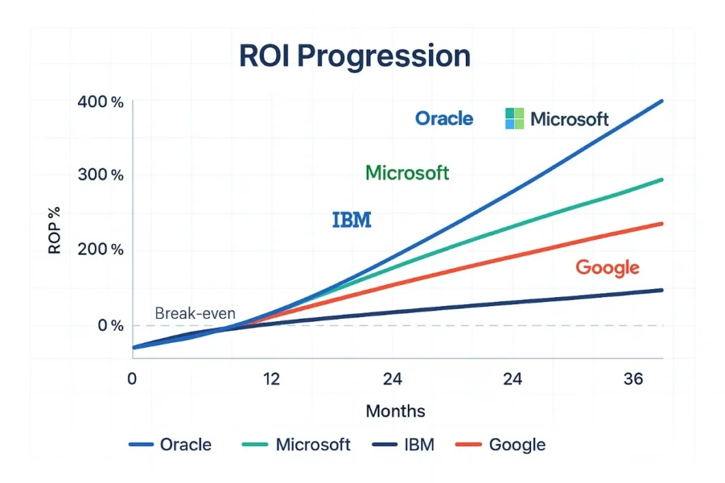 A line graph comparing ROI progression over 36 months for Oracle, Microsoft, IBM, and Google. Oracle shows the steepest upward trend, followed by Microsoft, then Google and IBM.
