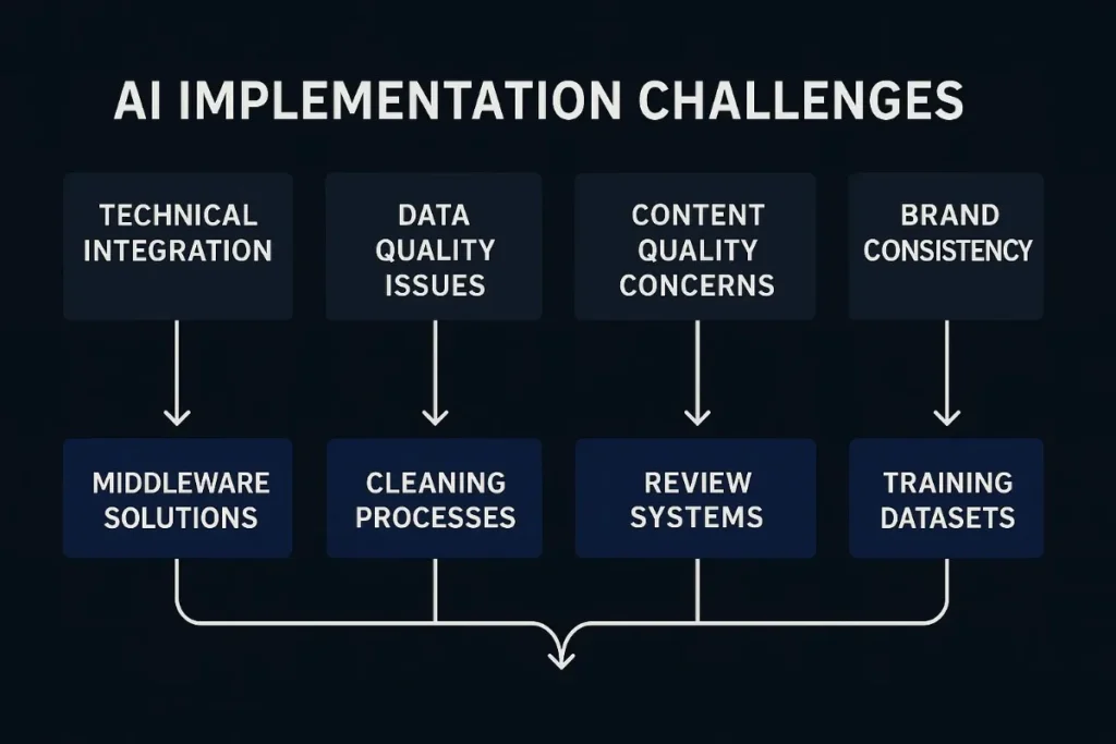  Flowchart titled "AI Implementation Challenges" identifying four core challenges—Technical Integration, Data Quality, Content Quality, Brand Consistency—paired with corresponding solutions: Middleware, Cleaning, Review Systems, Training Datasets.