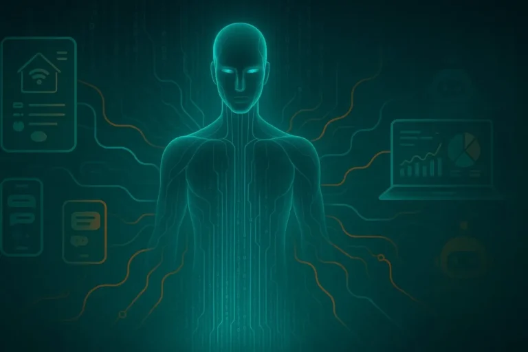 Futuristic digital illustration of a humanoid AI figure glowing in cyan, connected through circuit-like lines to various smart interfaces including a smart home dashboard, chat windows, and a data analytics laptop. The background features binary code and a dark teal tech environment, symbolizing the integration of autonomous AI with modern systems.