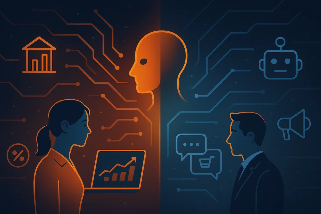 A futuristic digital illustration contrasting AI Agent Studios with traditional marketing chatbots. The image is divided vertically down the center. On the left, a female professional in orange interacts with a tablet displaying rising graph data, surrounded by icons like a percentage symbol and a government-style building, symbolizing business-integrated AI. On the right, a male figure in blue faces chatbot and marketing icons like a speech bubble, robot face, and megaphone, representing traditional chatbot tools. A glowing humanoid AI face connects both sides, set against a background of circuit lines and tech elements.
