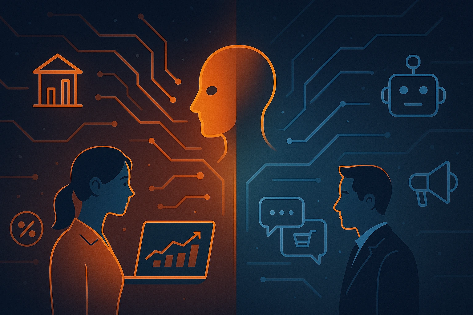 A futuristic digital illustration contrasting AI Agent Studios with traditional marketing chatbots. The image is divided vertically down the center. On the left, a female professional in orange interacts with a tablet displaying rising graph data, surrounded by icons like a percentage symbol and a government-style building, symbolizing business-integrated AI. On the right, a male figure in blue faces chatbot and marketing icons like a speech bubble, robot face, and megaphone, representing traditional chatbot tools. A glowing humanoid AI face connects both sides, set against a background of circuit lines and tech elements.