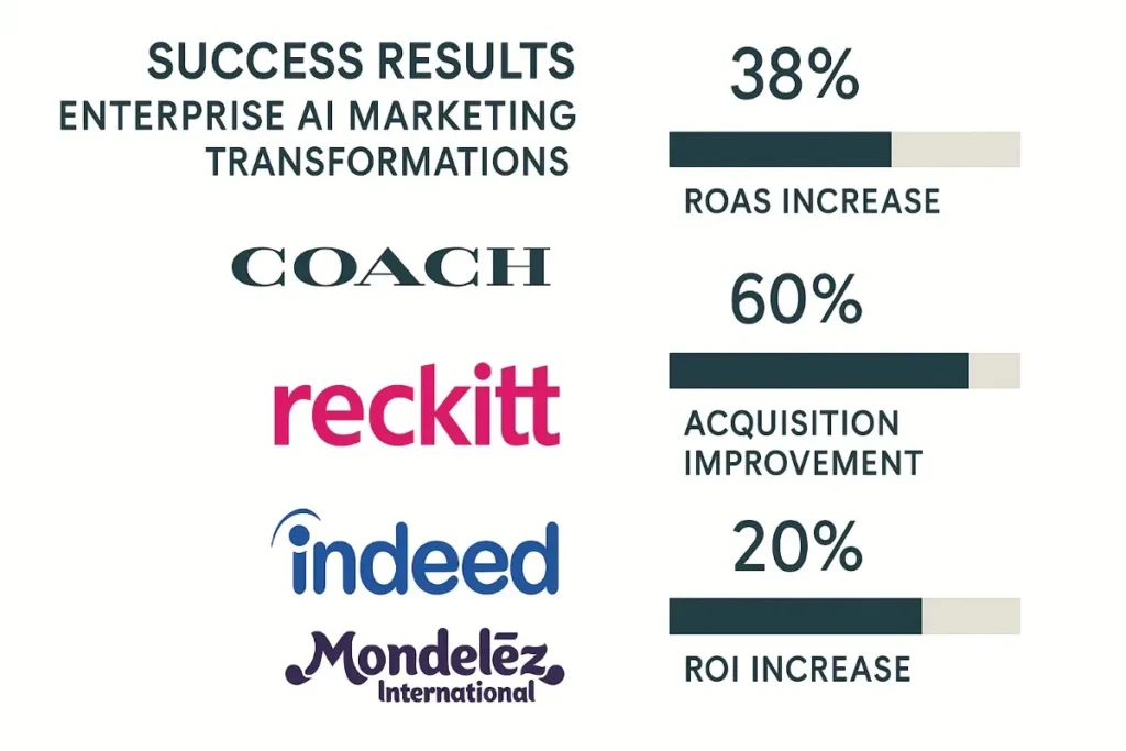 "Infographic titled 'Success Results: Enterprise AI Marketing Transformations' featuring performance metrics from four companies. The left side lists company logos: Coach, Reckitt, Indeed, and Mondelēz International. On the right, three performance bars with percentages: '38% ROAS Increase' (for Coach), '60% Acquisition Improvement' (for Reckitt), and '20% ROI Increase' (for Mondelēz). Each percentage is accompanied by a horizontal bar indicating the improvement level. The design uses dark blue, beige, and brand-specific colors."








