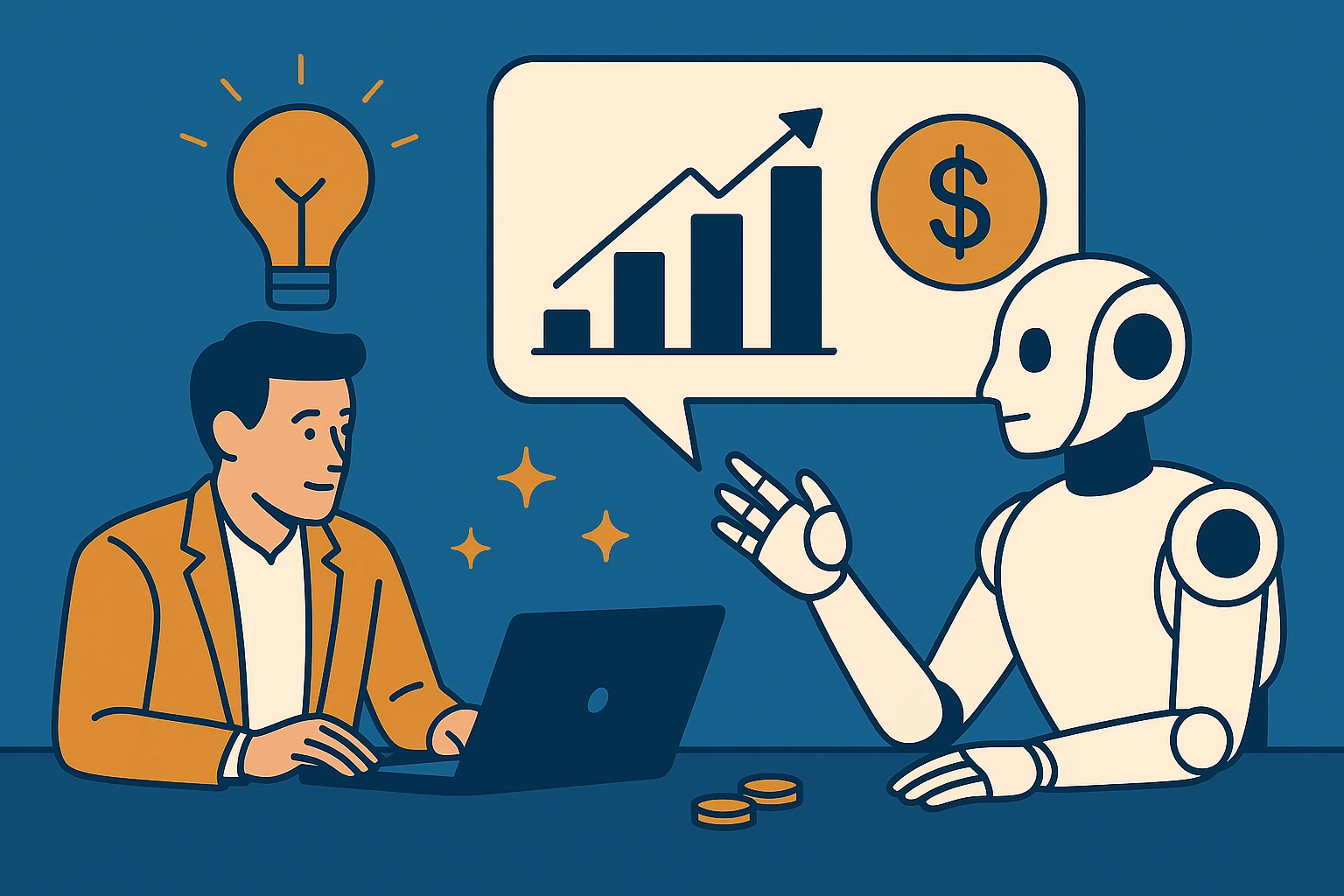 A flat-style digital illustration showing a business professional in an orange blazer working on a laptop, collaborating with a humanoid AI robot. Above the businessman is a glowing lightbulb symbolizing an idea, while the robot gestures toward a speech bubble containing a rising bar chart and a dollar sign. Gold coins and sparkles surround them, representing the transformation of marketing ideas into revenue. The background is a clean, modern blue, emphasizing a tech-forward, collaborative atmosphere.