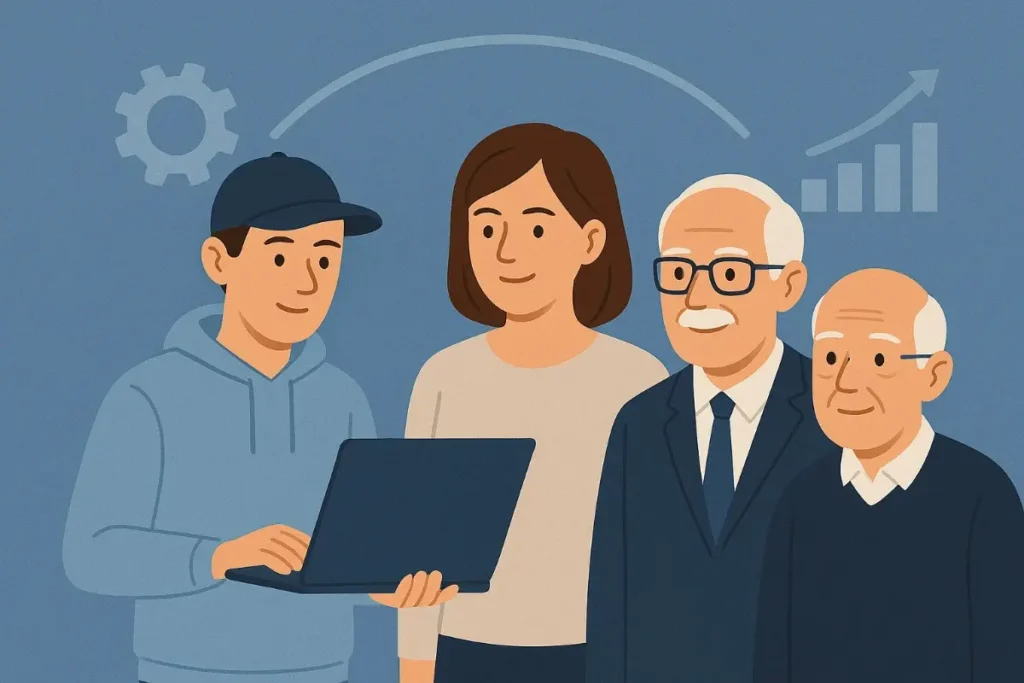A flat-style digital illustration showing four generations of people—Gen Z, Millennial, Gen X, and Baby Boomer—standing side by side. A young man in a hoodie and cap holds a laptop, while a woman and two older men look on with interest. Behind them, icons of a gear and a rising bar chart are connected by a curved arrow, symbolizing technological growth and generational adoption of marketing automation.