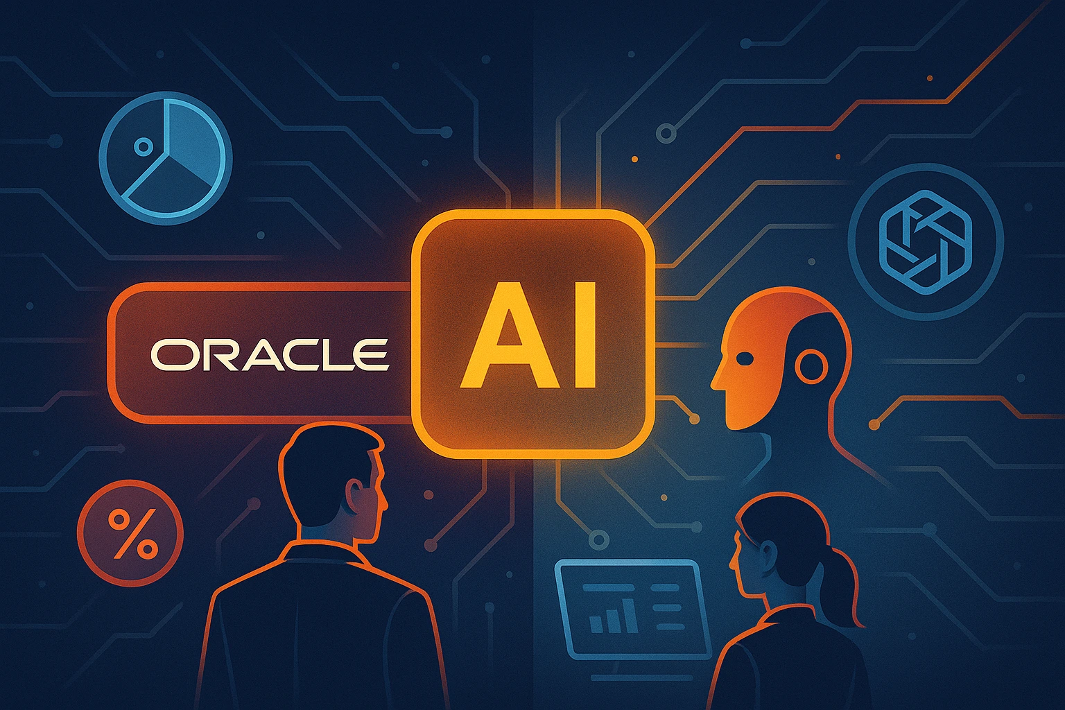 A futuristic digital illustration showing a comparison between Oracle AI and its competitors. The image is split into two halves with circuit lines branching out from a glowing central "AI" block. On the left, the Oracle logo is displayed with orange highlights and a male figure analyzing data. On the right, abstract competitor symbols, including a humanoid AI face and OpenAI logo, are shown in blue with a female figure looking at a data screen. The background features tech-themed icons like pie charts and percentages, emphasizing innovation and competition in the AI customer experience space.