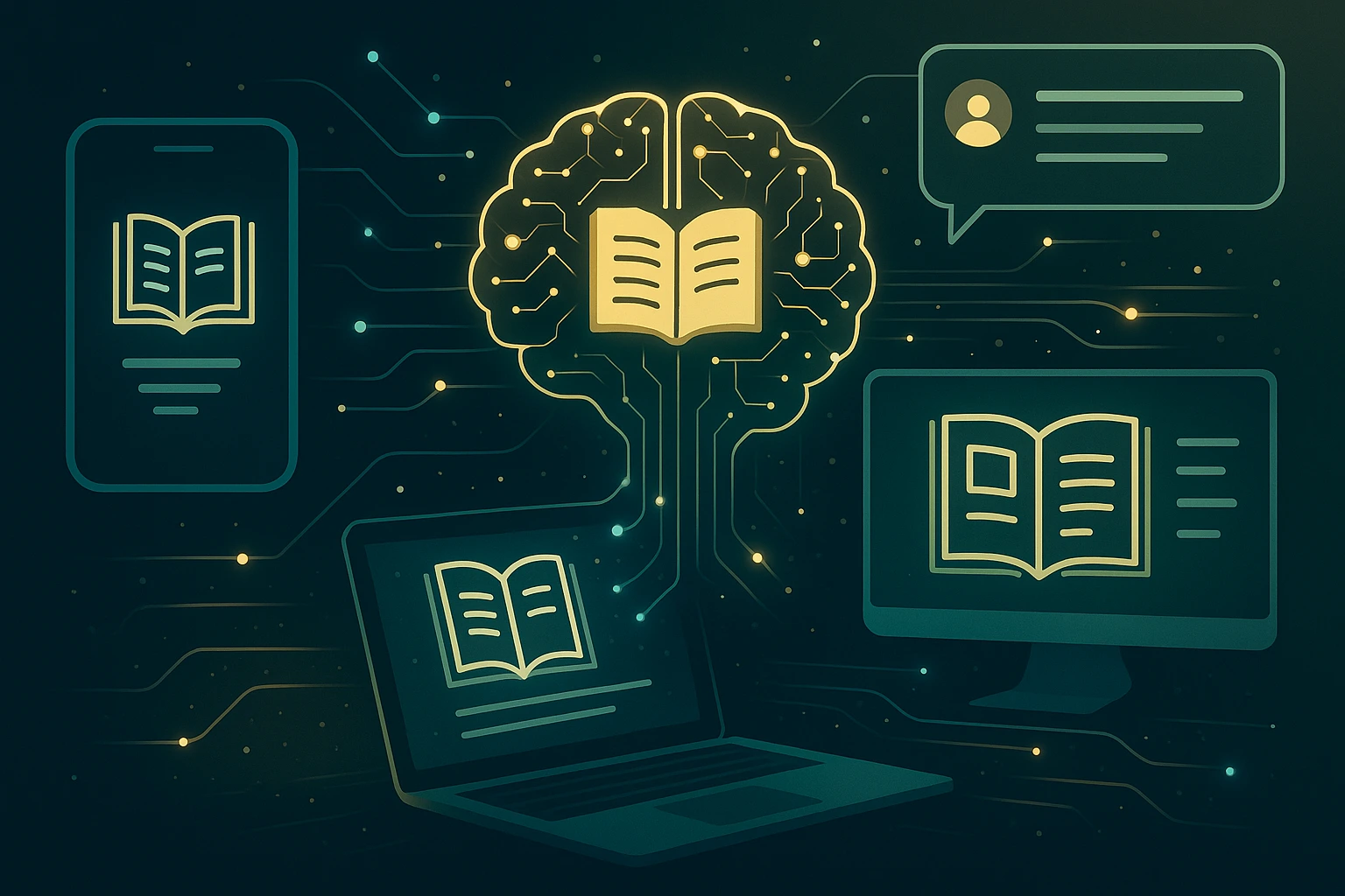 A high-resolution digital illustration in a futuristic style showing a glowing gold and teal AI brain at the center, connected by flowing data streams to multiple digital devices. These include a smartphone, laptop, and desktop monitor, each displaying open book icons and text, symbolizing real-time personalized storytelling. Additional elements like chat bubbles and digital circuits enhance the theme of AI-driven customer experiences. The dark background and luminous color palette create a sleek, tech-forward aesthetic.