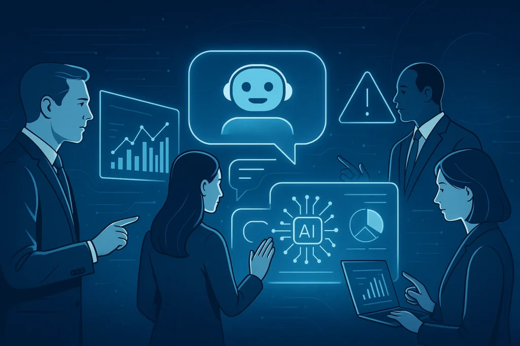 A high-resolution digital illustration in a futuristic corporate tech style, depicting four business professionals interacting with glowing AI interfaces. One woman reaches toward a holographic dashboard displaying an AI chip and pie chart, while another works on a laptop showing data analytics. A man points at a floating chatbot icon, and another gestures toward a warning triangle. The background features dark shades of blue with neon blue and silver highlights, emphasizing a clean, modern aesthetic centered around generative AI and customer engagement technology.