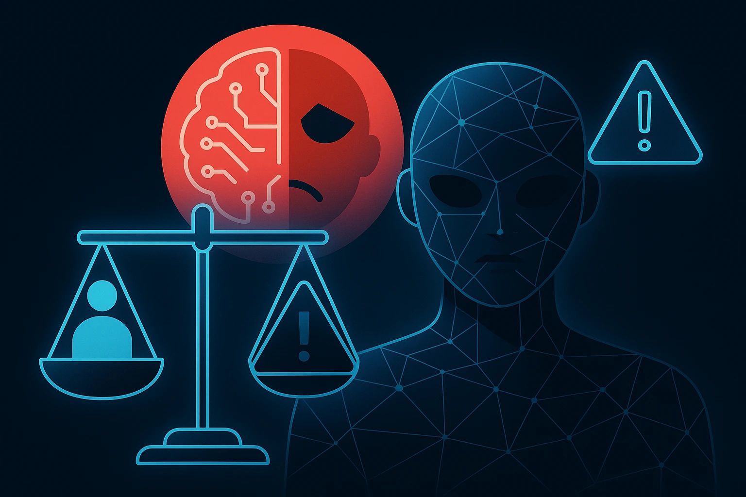 A modern flat-style digital illustration showing the ethical challenges of AI in marketing. On the left, a glowing blue balance scale features a human icon on one side and a warning triangle on the other, symbolizing bias. Behind it, a red circle depicts a stylized brain and a frowning face split in half, representing AI's dual potential. On the right, a wireframe humanoid figure with glowing nodes and a blank expression stands next to another warning triangle. The dark blue background and neon-like color palette create a futuristic, tech-focused aesthetic.