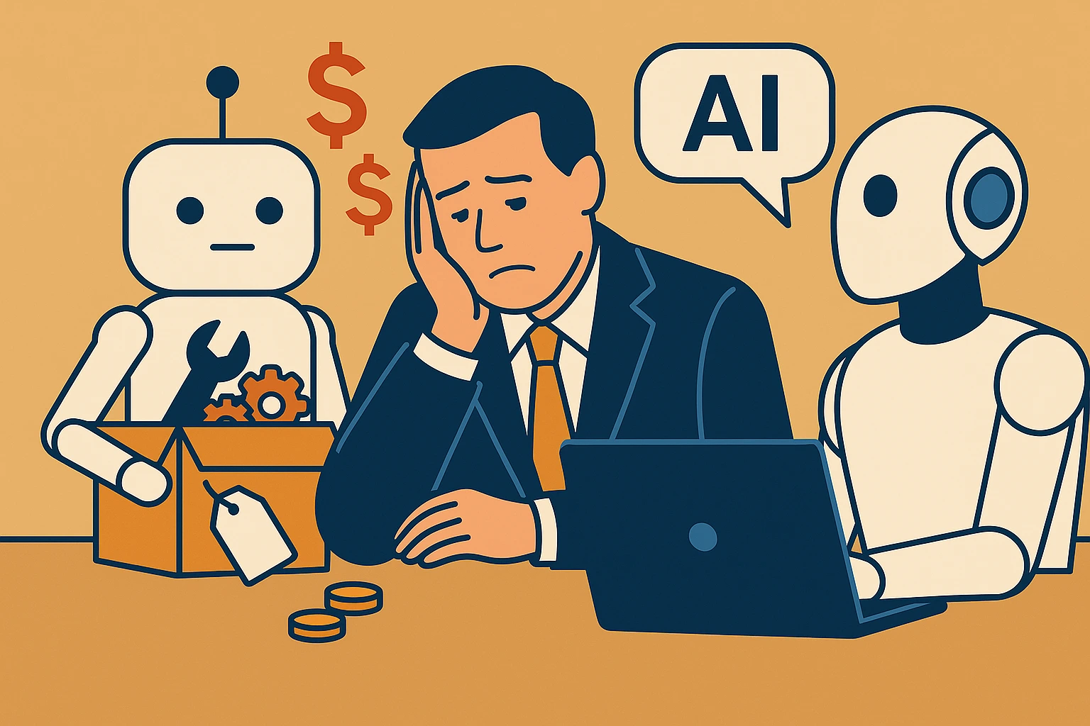 A flat-style digital illustration showing a middle-aged businessman in a navy suit looking frustrated at his desk, resting his head on his hand. On his left is a simplistic DIY-style chatbot holding a cardboard box with gears and a wrench, symbolizing custom solutions. Price tags and dollar signs float nearby, indicating hidden costs. On his right, a sleek, modern AI robot sits with a laptop, offering a more advanced alternative. A speech bubble with "AI" above the modern robot emphasizes the contrast between the two approaches. The background is a warm beige tone.