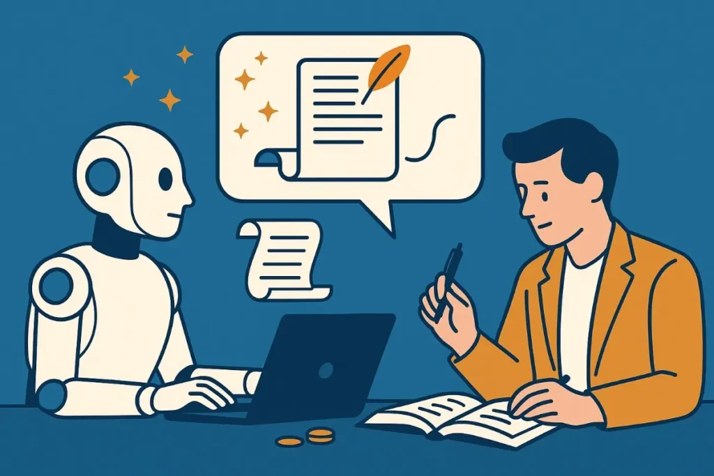 A flat-style digital illustration depicting a collaboration between a humanoid AI robot and a human writer. The robot, with a sleek white and black design, types on a laptop while the man, wearing a mustard-yellow blazer, writes in an open notebook. Above them is a large speech bubble containing a paper with text and a quill icon, surrounded by sparkles—symbolizing creative storytelling. Additional elements like loose paper and coins emphasize productivity and value generation. The background is a professional blue tone.