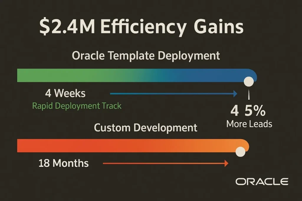 A 2D digital infographic comparing Oracle Template Deployment and Custom Development timelines. The background is dark gray with two horizontal bars: the top bar (green to blue gradient) represents "Oracle Template Deployment – 4 Weeks – Rapid Deployment Track," while the bottom bar (red to orange gradient) shows "Custom Development – 18 Months – Lengthy Custom Devl.pmnt." A white circle at the end of the Oracle track highlights "45% More Leads." At the top, "$2.4M Efficiency Gains" is prominently displayed in bold white text, and the Oracle logo is positioned at the bottom right. The visual emphasizes speed, cost savings, and lead generation benefits.
