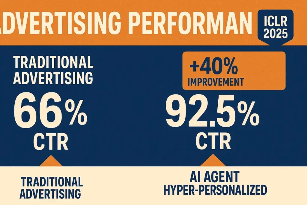  Side-by-side comparison of traditional advertising with 66% CTR and AI agent hyper-personalized advertising with 92.5% CTR, showing a +40% improvement highlighted by ICLR 2025.


