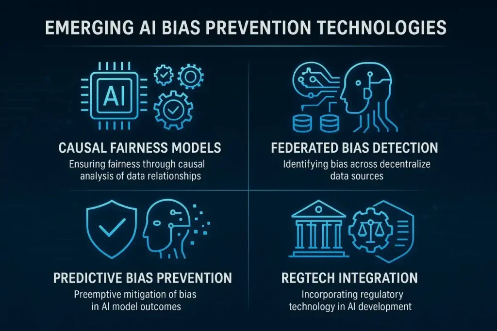 Infographic titled "Emerging AI Bias Prevention Technologies" showing four methods: Causal Fairness Models, Federated Bias Detection, Predictive Bias Prevention, and RegTech Integration, each with icons and brief descriptions.
