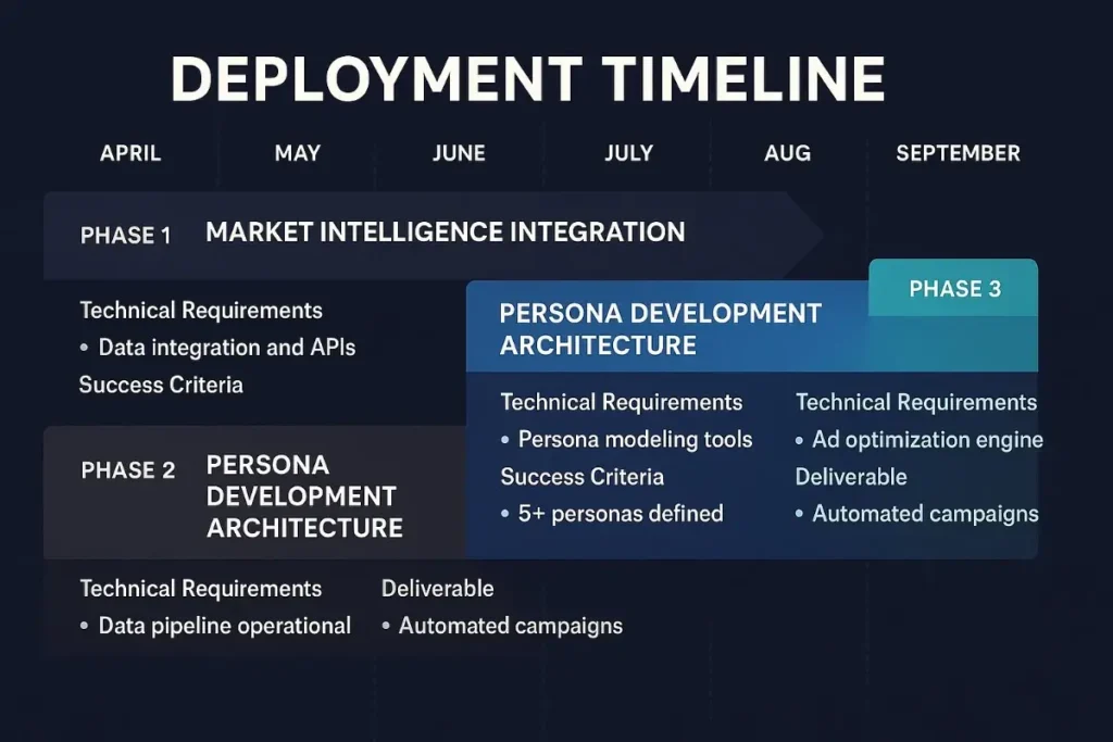  Project timeline showing phases of market intelligence integration, persona development architecture, and ad optimization rollout from April to September with deliverables and technical requirements.


