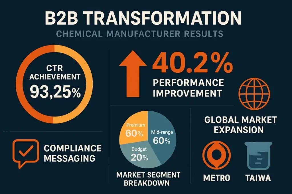  Infographic showing a 93.25% CTR achievement and 40.2% performance improvement for a chemical manufacturer’s B2B transformation. Includes visuals for compliance messaging, market segment breakdown (premium, mid-range, budget), and global market expansion with icons for Metro and Taiwan.


