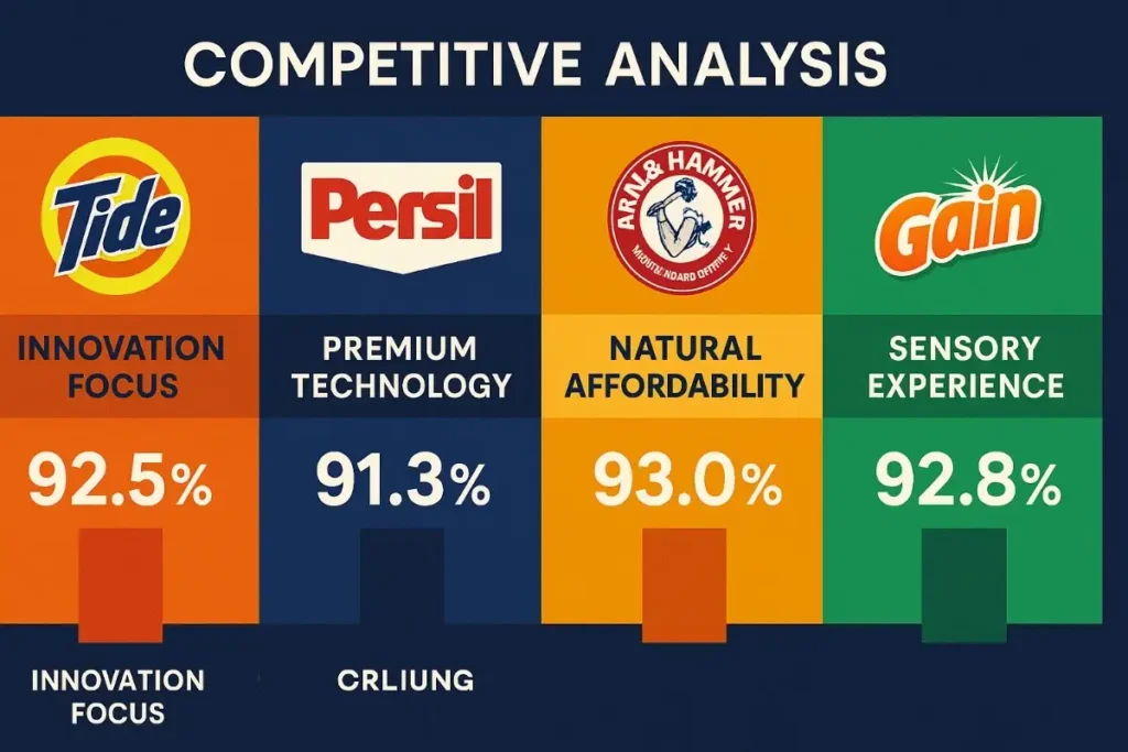  Side-by-side comparison of Tide, Persil, Arm & Hammer, and Gain based on ad performance and brand focus. Shows CTRs ranging from 91.3% to 93.0%, with emphasis on innovation, premium tech, affordability, and sensory experience.


