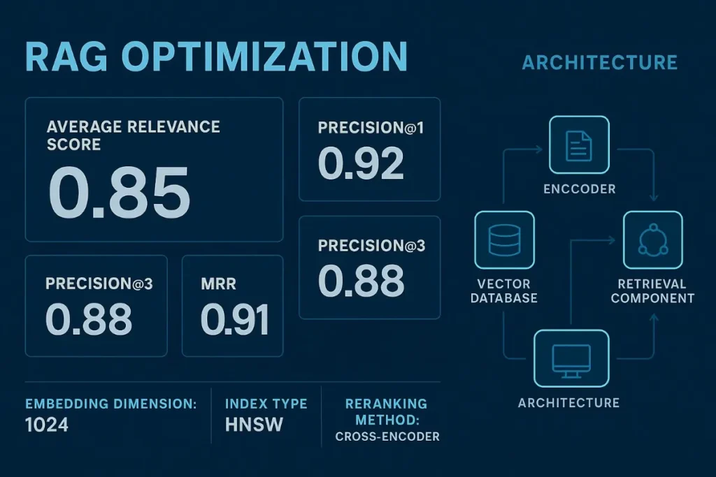 Performance metrics for RAG (Retrieval-Augmented Generation) optimization including average relevance score (0.85), Precision@1 and @3, MRR (0.91), and a diagram of system architecture featuring encoder, retrieval component, and vector database.


