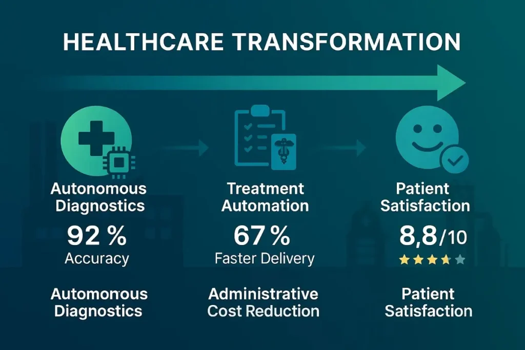 A healthcare-themed infographic titled “HEALTHCARE TRANSFORMATION” presents a linear progression from diagnostics to patient outcomes. The background is dark teal with a medical facility silhouette.
Left section: Shows a green medical cross and AI chip icon labeled “Autonomous Diagnostics” with a 92% accuracy rate.


Center section: Features a clipboard and caduceus icon labeled “Treatment Automation” with 67% faster delivery and “Administrative Cost Reduction.”


Right section: Displays a smiling face icon labeled “Patient Satisfaction” with a rating of 8.8/10 and a visual 4-star score.


A teal gradient arrow across the top illustrates forward progression. The color scheme includes healthcare blue and medical green with white and yellow text for key metrics.
