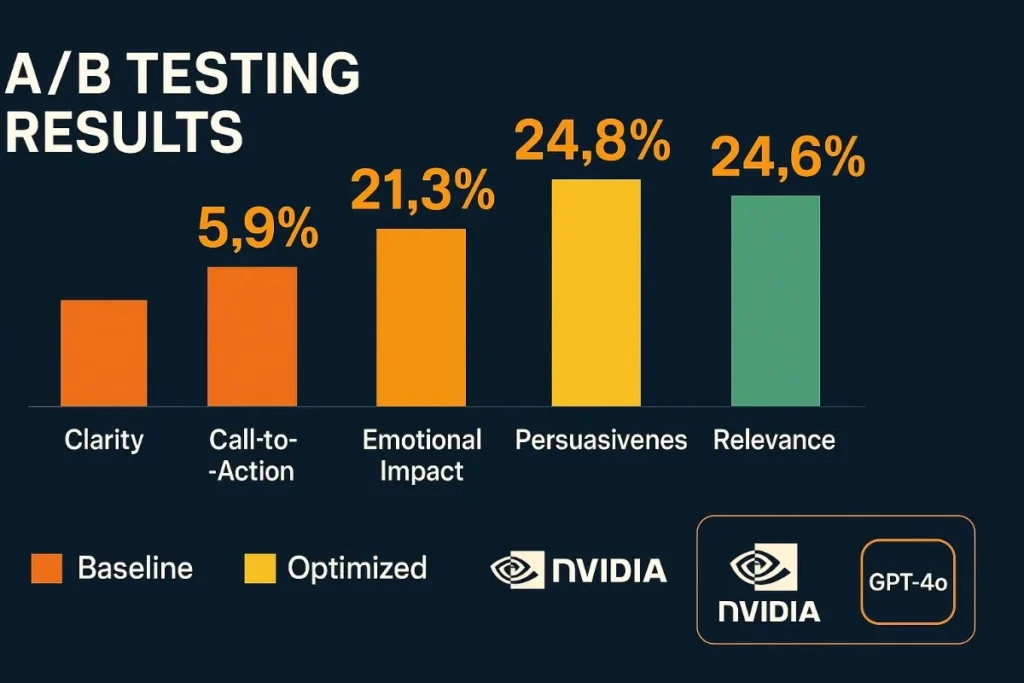 Bar chart comparing A/B test improvements across clarity, call-to-action, emotional impact, persuasiveness, and relevance. Highlights significant gains with optimized versions using NVIDIA and GPT-4o models.


