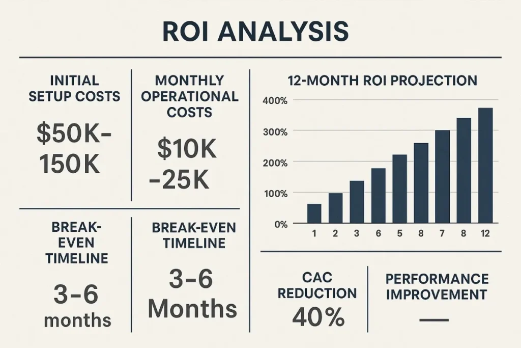  Detailed ROI projection with 12-month performance graph, setup and operational cost ranges, CAC reduction (40%), break-even timelines (3–6 months), and overall performance improvement.


