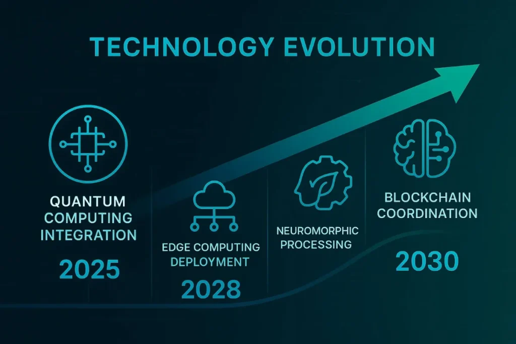 A futuristic infographic titled “TECHNOLOGY EVOLUTION” showcases a 2025–2030 innovation timeline set against a dark blue background with circuit-style detailing. A glowing turquoise arrow moves diagonally upward, indicating progress over time. Four milestones are displayed with sci-fi styled icons:
2025 – Quantum Computing Integration (microchip icon)


2028 – Edge Computing Deployment (cloud network icon)


2028 – Neuromorphic Processing (brain-gear-leaf icon)


2030 – Blockchain Coordination (blockchain cube and brain icon)


Each section uses bright blue-green typography and technology visuals, creating a modern, forward-looking roadmap aesthetic.
