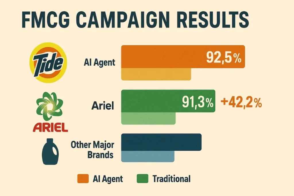  Horizontal bar chart comparing CTR results of AI agent-driven campaigns for Tide (92.5%) and Ariel (91.3%) versus traditional advertising for other major FMCG brands, showing a +42.2% improvement.


