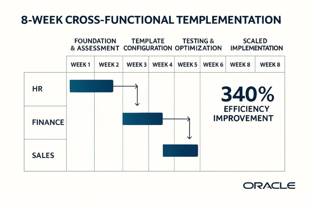 A professional Gantt chart infographic titled "8-Week Cross-Functional Template Implementation" showcases a project timeline divided into four phases: Foundation & Assessment, Template Configuration, Testing & Optimization, and Scaled Implementation. Three horizontal tracks represent departments: HR, Finance, and Sales. Blue bars indicate task durations across each week, with arrows showing dependencies between phases. On the right side, bold text highlights "340% Efficiency Improvement." The layout features Oracle’s blue branding and a clean, minimalistic background. The Oracle logo appears at the bottom right.
