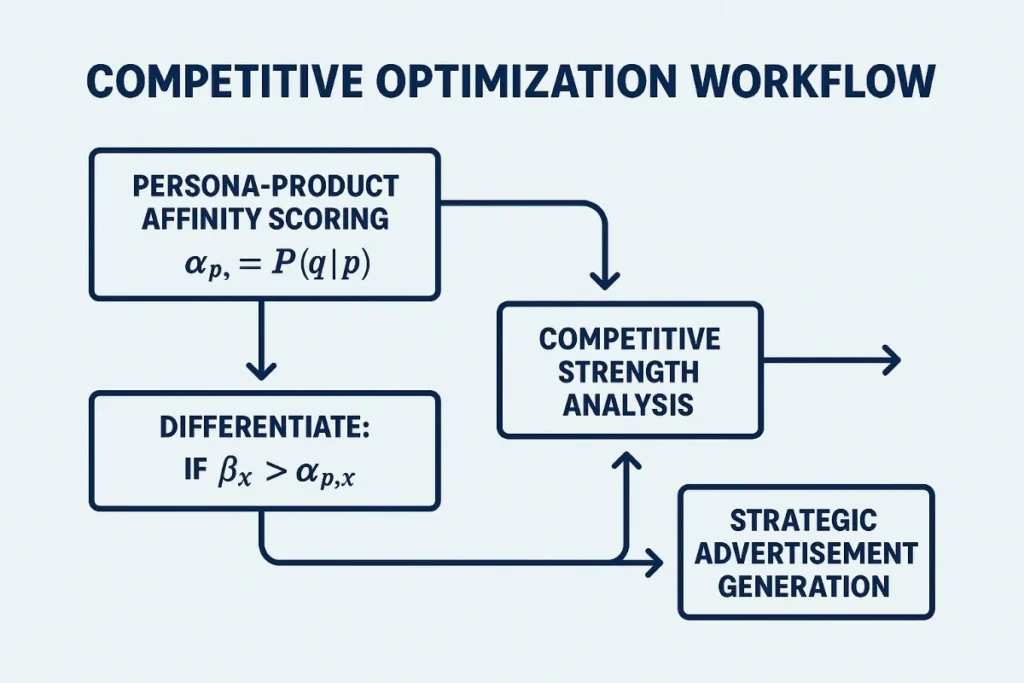  Flowchart for competitive optimization including steps like persona-product affinity scoring, differentiation logic, competitive strength analysis, and strategic advertisement generation.



