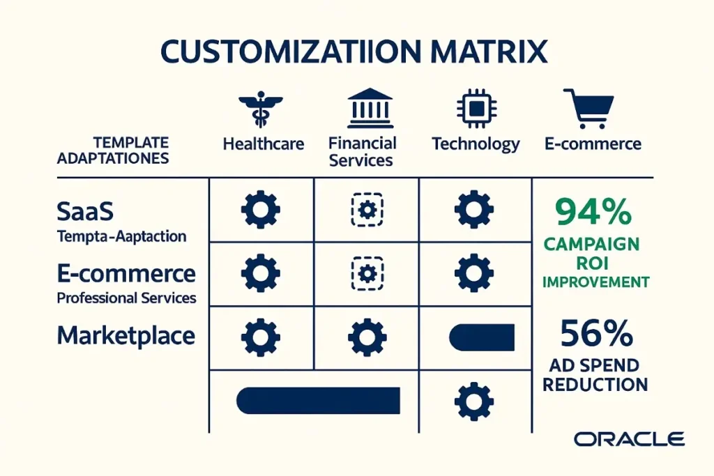 A 2D digital infographic titled "Customization Matrix" presents Oracle template adaptations across industry verticals and business models. The matrix uses a grid layout with columns for industries—Healthcare, Financial Services, Technology, and E-commerce—and rows for business models—SaaS, E-commerce, Professional Services, and Marketplace. Gear icons represent template customizations in applicable cells. On the right, performance metrics are highlighted: "94% Campaign ROI Improvement" in green and "56% Ad Spend Reduction" in dark blue. Industry icons top each column, and the Oracle logo is displayed in the bottom-right. The design features a clean, professional layout with Oracle blue branding on a light beige background.
