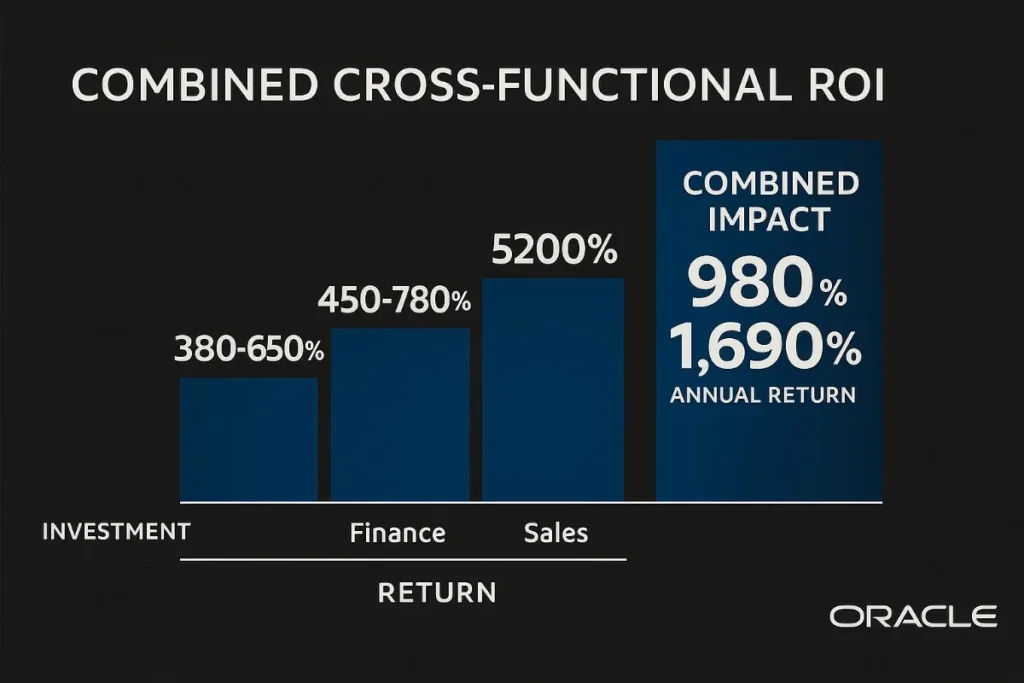 A 2D digital bar chart infographic titled "COMBINED CROSS-FUNCTIONAL ROI" displays Oracle's template investment performance across departments. The dark background features four vertical bars in Oracle blue. The bars represent ROI ranges for HR (380–650%), Finance (450–780%), and Sales (5200%). The final bar shows a "COMBINED IMPACT" with "980% – 1,690% Annual Return" in bold white text. Labels for "INVESTMENT" and "RETURN" run along the horizontal axis, and the Oracle logo appears in the bottom-right corner. The layout is clean, modern, and professional, emphasizing high returns from cross-functional adoption.
