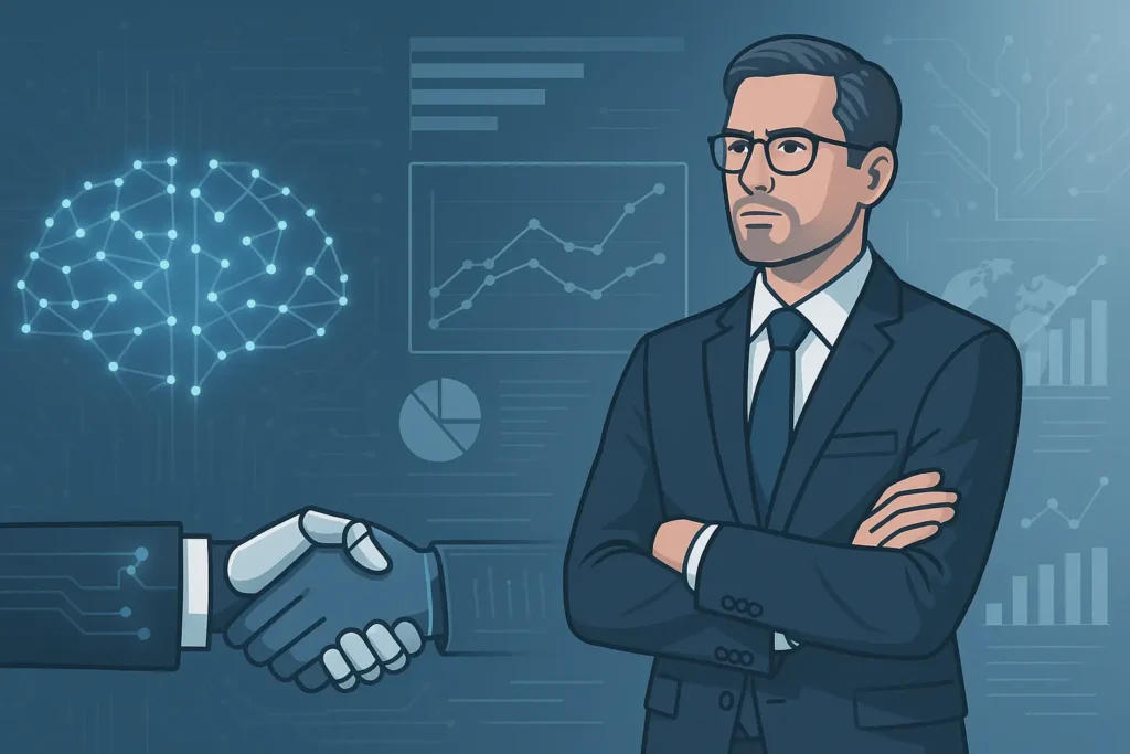 Professional blog banner showing a confident marketing executive in a suit standing with arms crossed in front of futuristic AI dashboards. The background features glowing neural network patterns, data charts, and circuit lines in shades of corporate blue, white, and grey, symbolizing the transition from traditional CMO to AI-driven leadership in 2025.